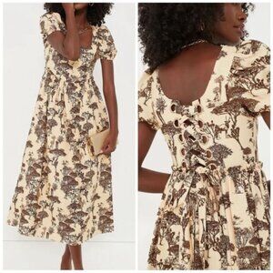 Tuckernuck Hyacinth House Brown Toile Camilla Corset Midi Dress Puff Sleeve